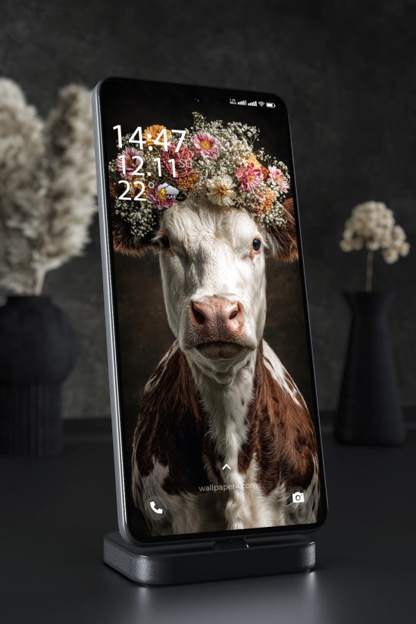 Phone Wallpaper 5825 - Floral Cow Portrait with Autumn Wildflowers