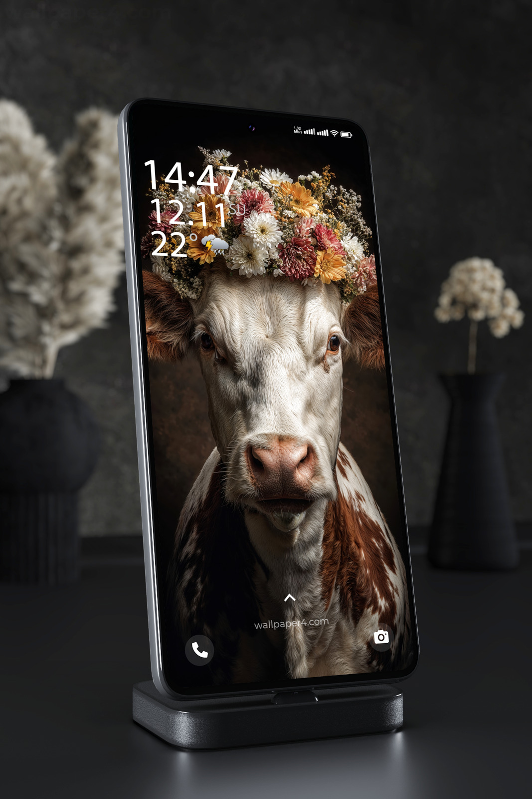 Mobile Wallpaper 5825 - Floral Cow Portrait with Autumn Wildflowers