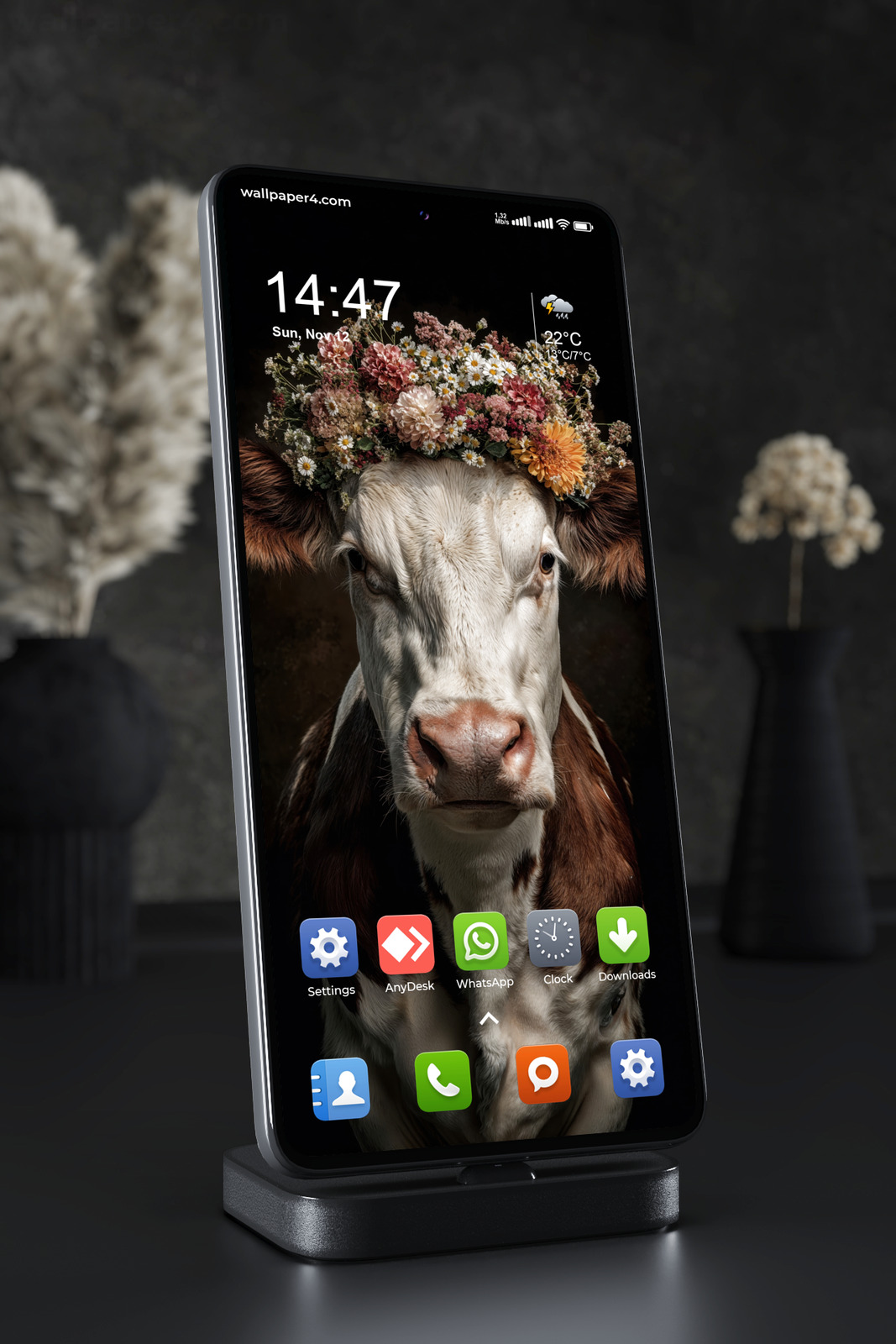 Mobile Wallpaper 5825 - Floral Cow Portrait with Autumn Wildflowers