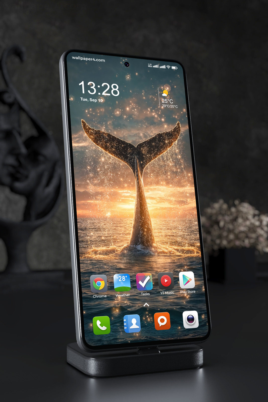 Phone Wallpaper 5835 - Majestic Whale Tail at a Golden Ocean Sunset