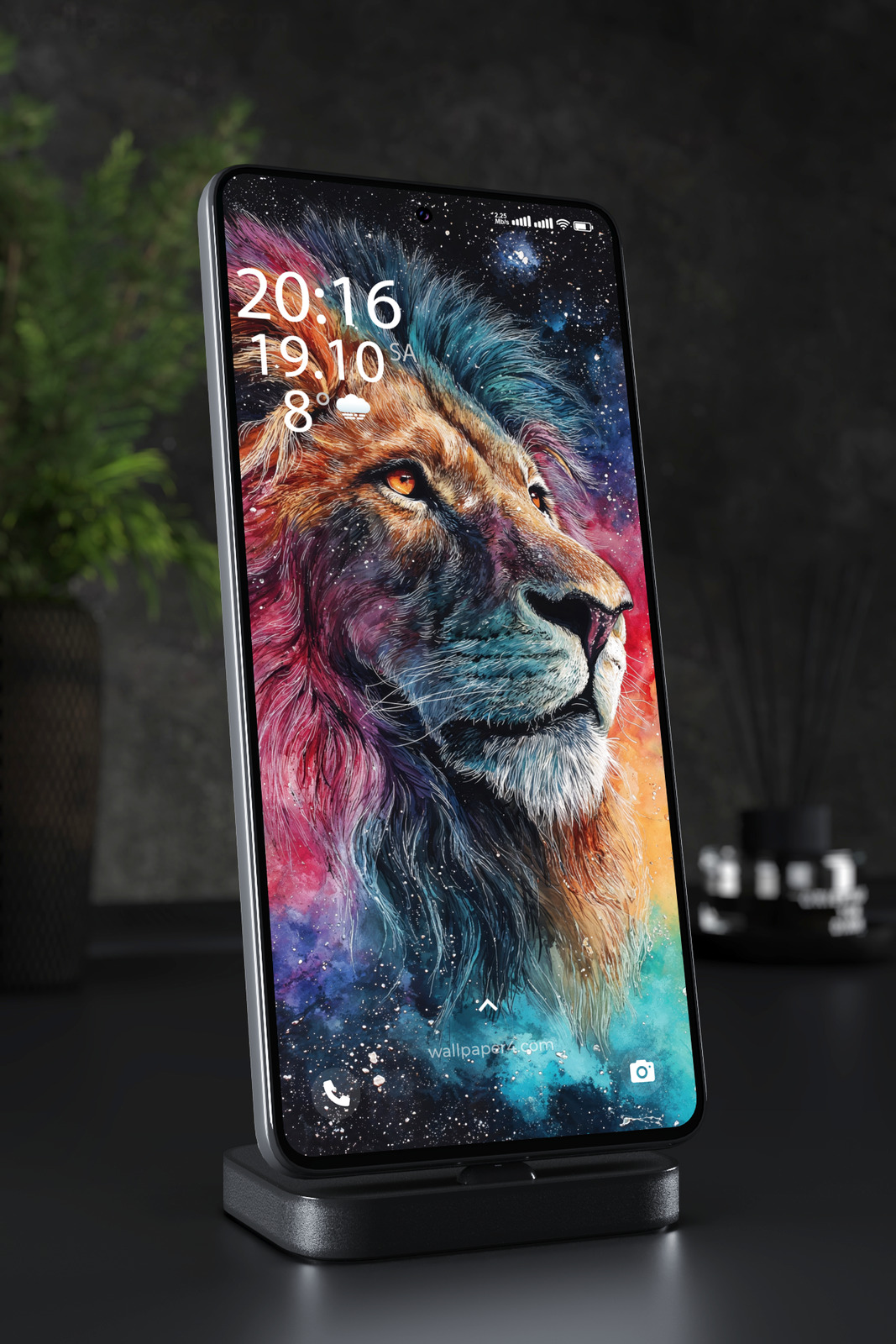 Phone Wallpaper 5845 - Cosmic Lion Portrait in Vibrant Galaxy Colors
