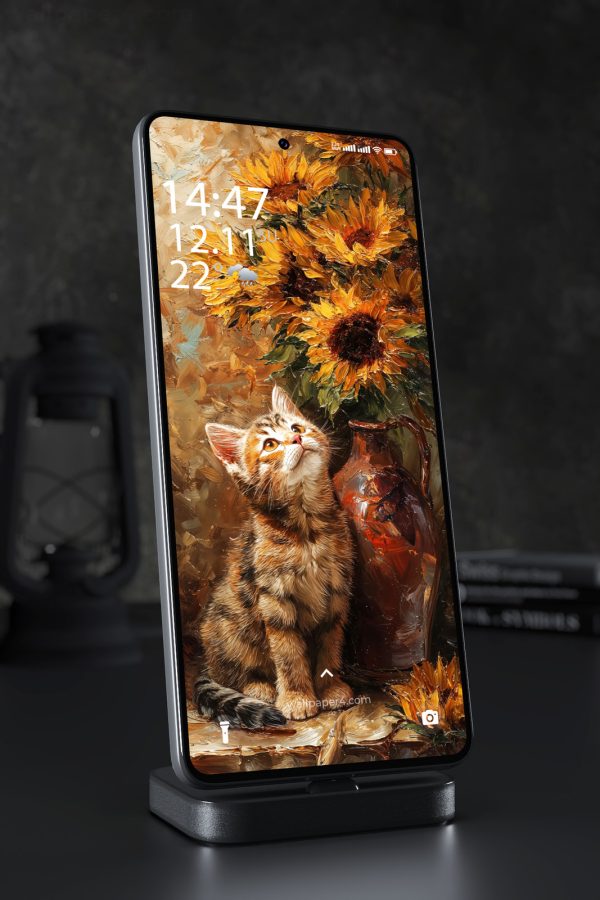 Phone Wallpaper 5848 - Curious Kitten with Sunflowers Oil Painting