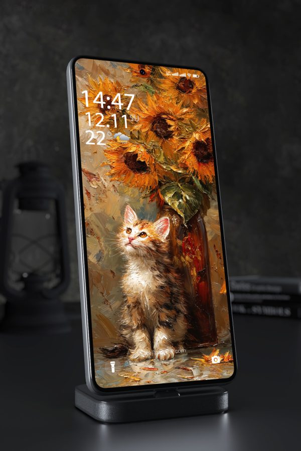 Mobile Wallpaper 5848 - Curious Kitten with Sunflowers Oil Painting