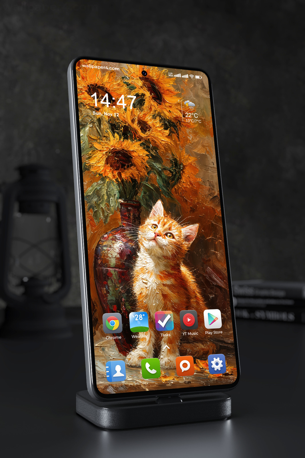 Mobile Wallpaper 5848 - Curious Kitten with Sunflowers Oil Painting