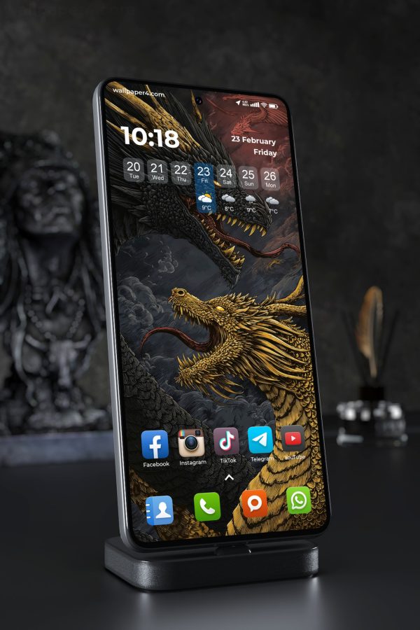 Phone Wallpaper 5852 - Black and Gold Dragons in a Dark Fantasy Storm