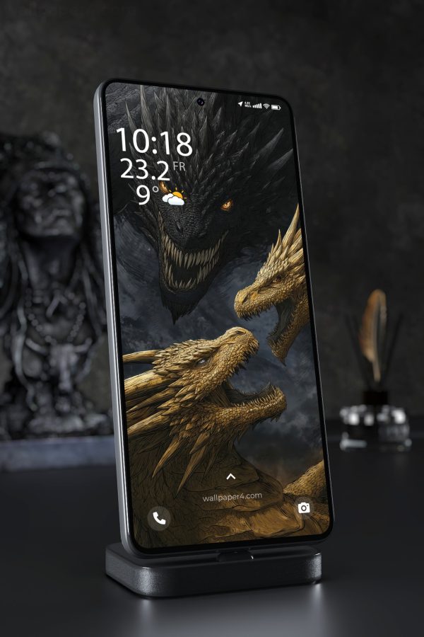 Mobile Wallpaper 5852 - Black and Gold Dragons in a Dark Fantasy Storm