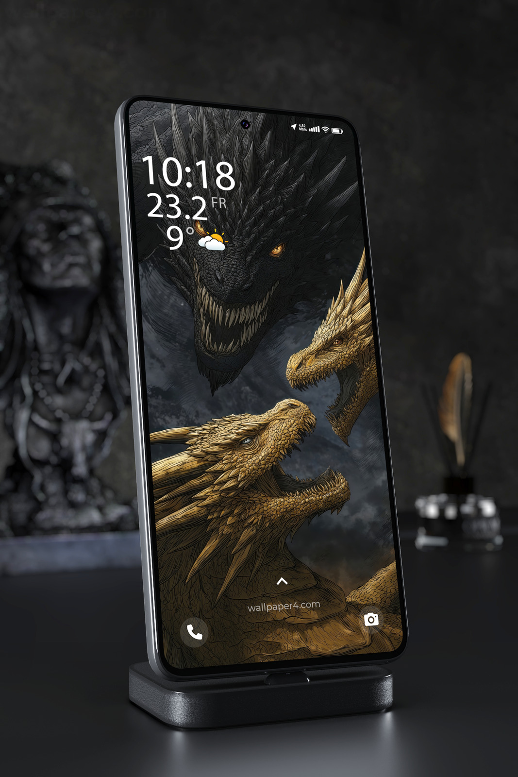 Mobile Wallpaper 5852 - Black and Gold Dragons in a Dark Fantasy Storm