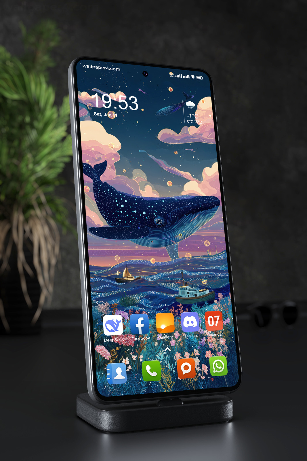 Phone Wallpaper 5856 - Cosmic Whale Above a Colorful Fantasy Ocean