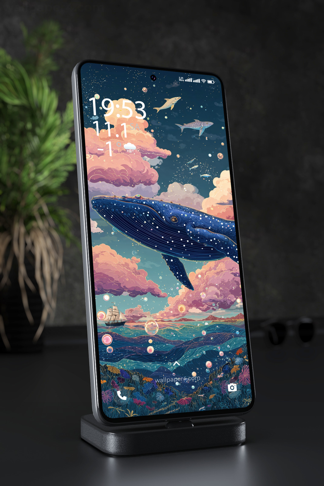 Mobile Wallpaper 5856 - Cosmic Whale Above a Colorful Fantasy Ocean