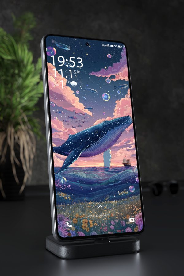 Mobile Wallpaper 5856 - Cosmic Whale Above a Colorful Fantasy Ocean