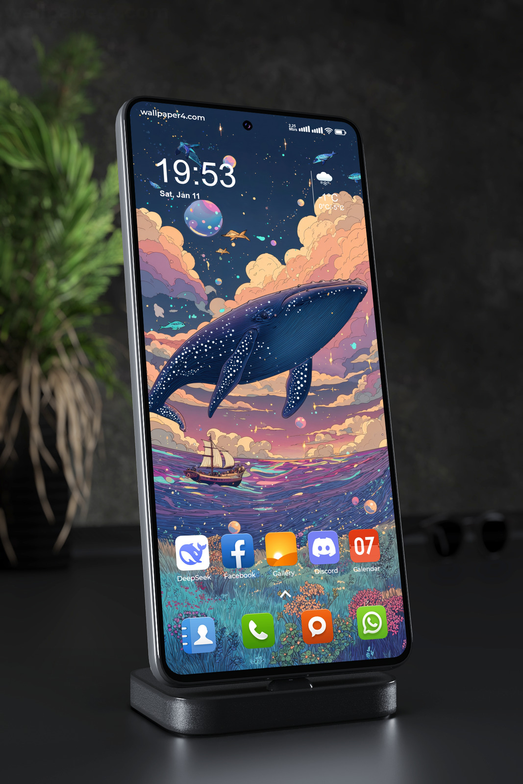 Mobile Wallpaper 5856 - Cosmic Whale Above a Colorful Fantasy Ocean
