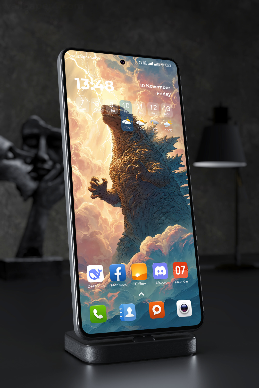 Phone Wallpaper 5861 - Godzilla Rising Through a Golden Thunderstorm