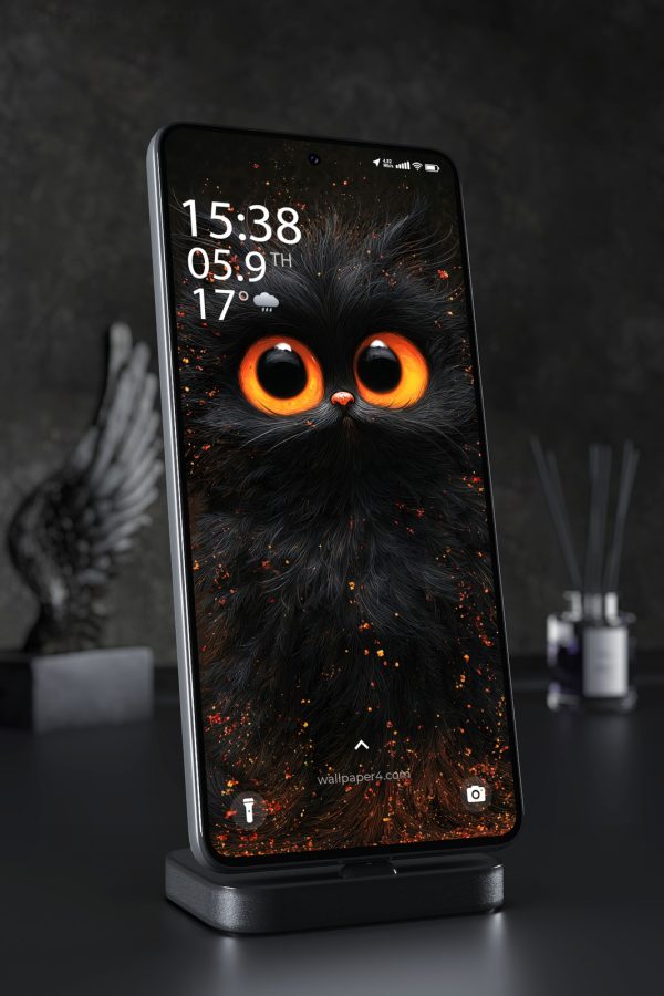Phone Wallpaper 5871 - Fluffy Black Cat with Glowing Orange Eyes