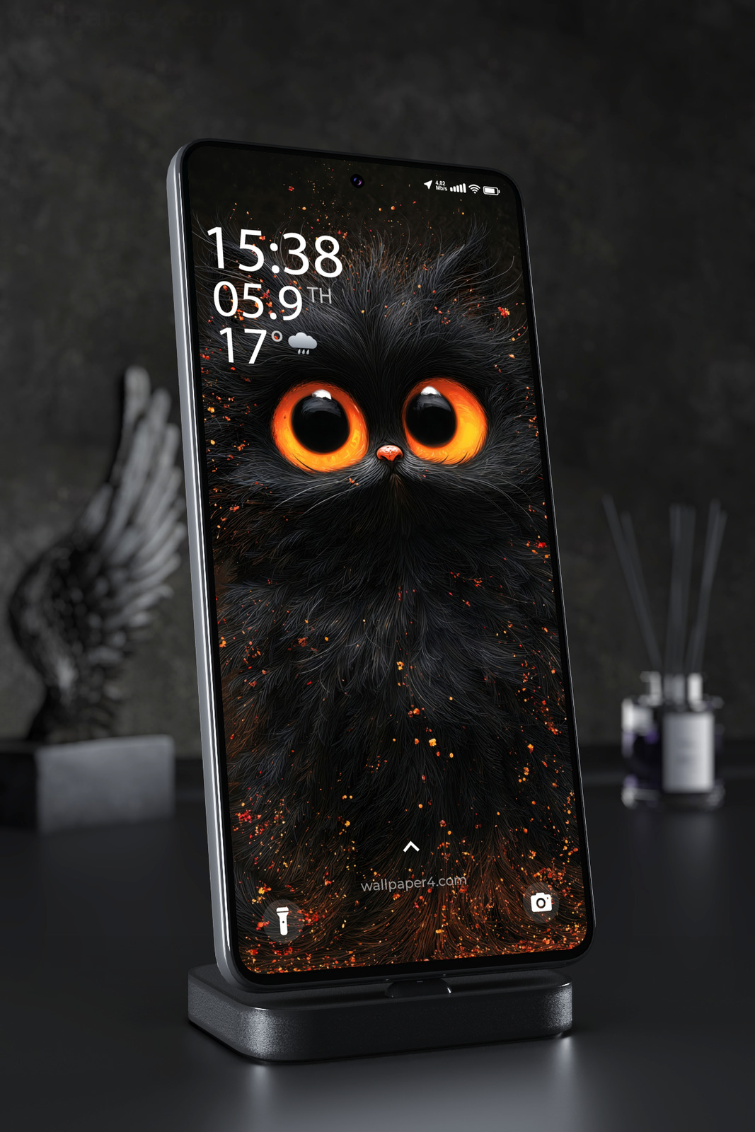 Phone Wallpaper 5871 - Fluffy Black Cat with Glowing Orange Eyes