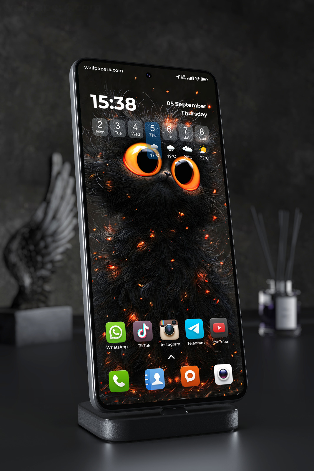 Mobile Wallpaper 5871 - Fluffy Black Cat with Glowing Orange Eyes