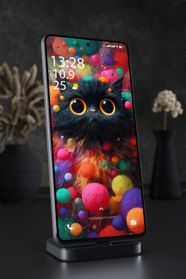 Phone Wallpaper 5876 - Colorful Black Cat with Cosmic Bubbles