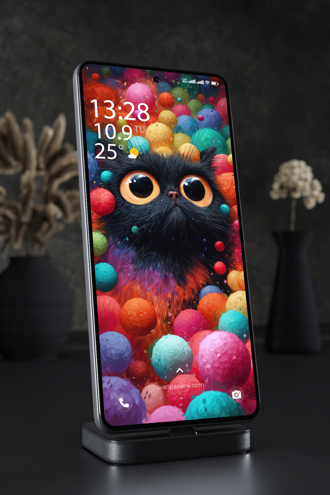 Mobile Wallpaper 5876 - Colorful Black Cat with Cosmic Bubbles