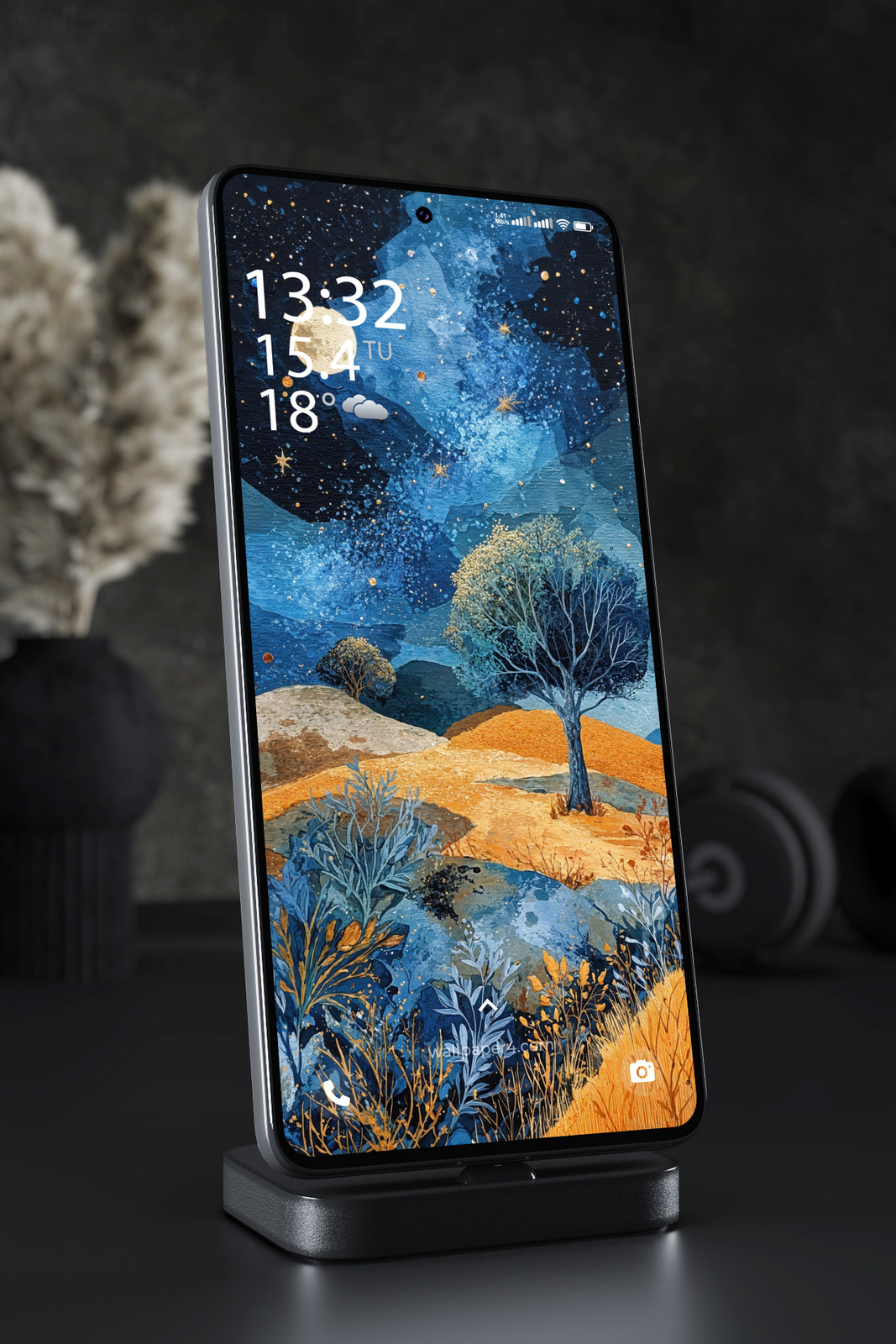 Phone Wallpaper 5880 - Golden Fields Beneath a Moonlit Cosmic Sky