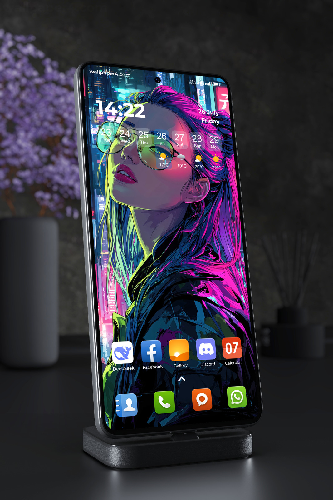 Phone Wallpaper 5885 - Neon Cyberpunk Girl with Reflective Glasses