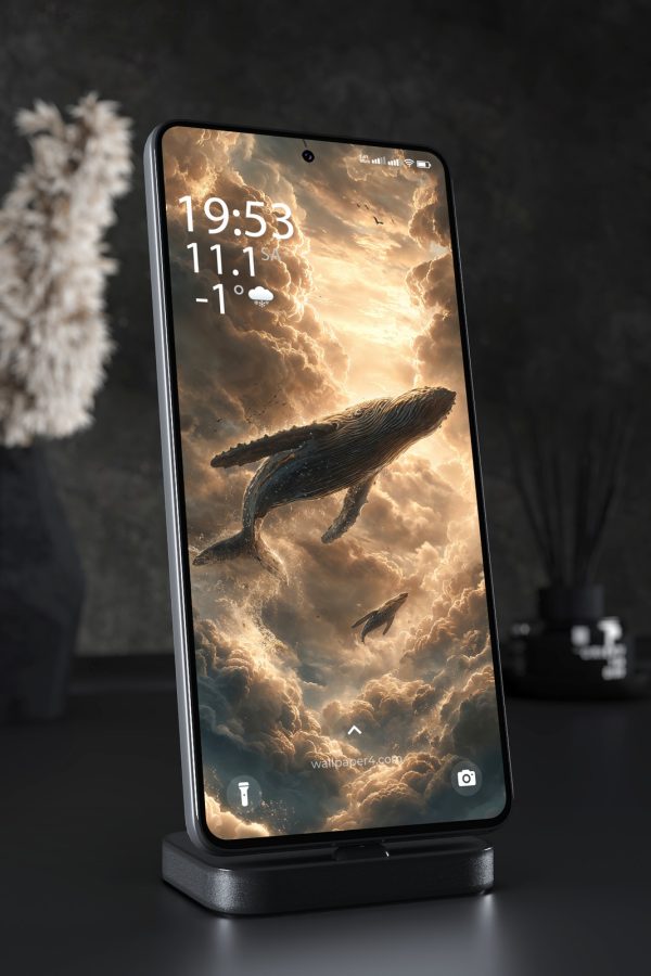 Phone Wallpaper 5894 - Majestic Whales Soaring Through Golden Clouds