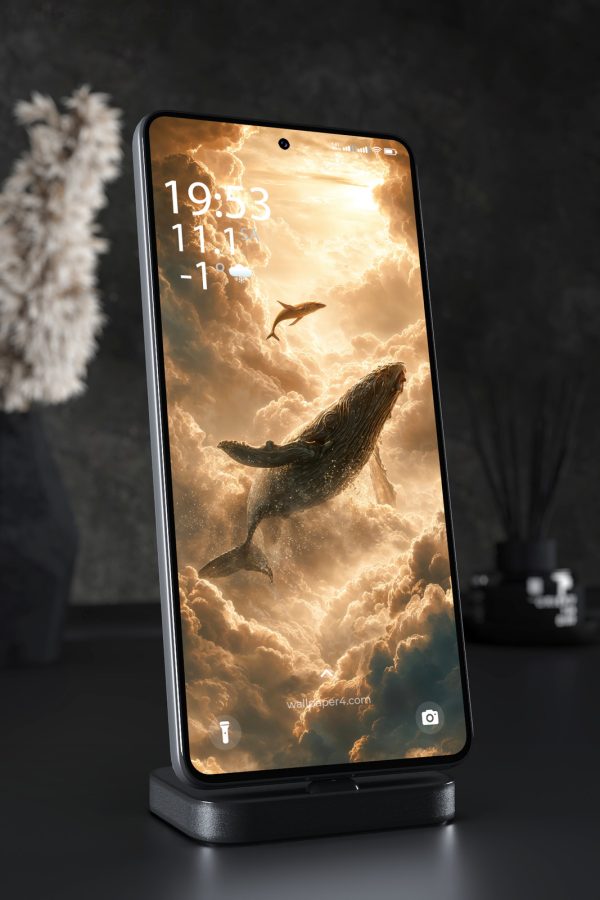 Mobile Wallpaper 5894 - Majestic Whales Soaring Through Golden Clouds