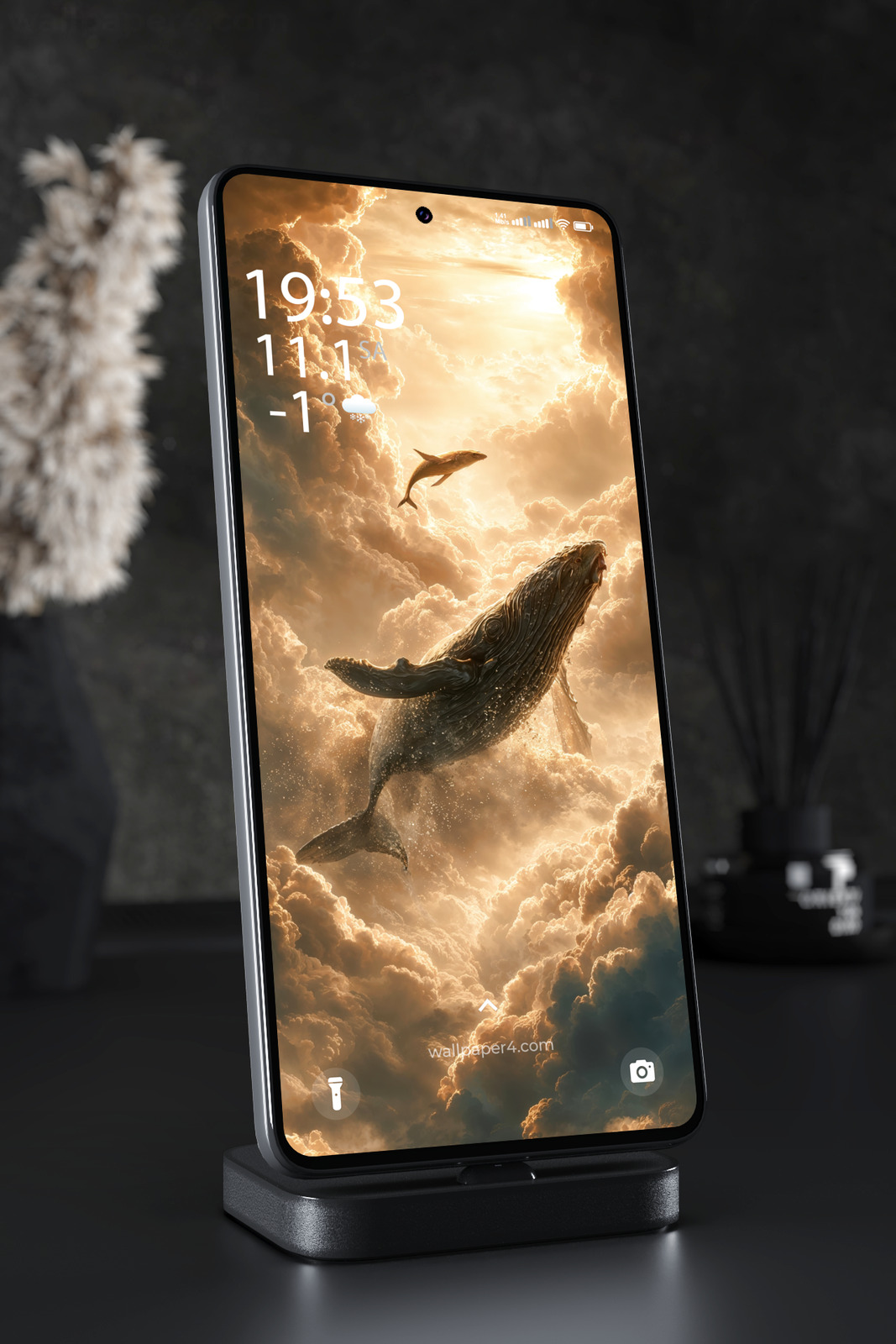Mobile Wallpaper 5894 - Majestic Whales Soaring Through Golden Clouds