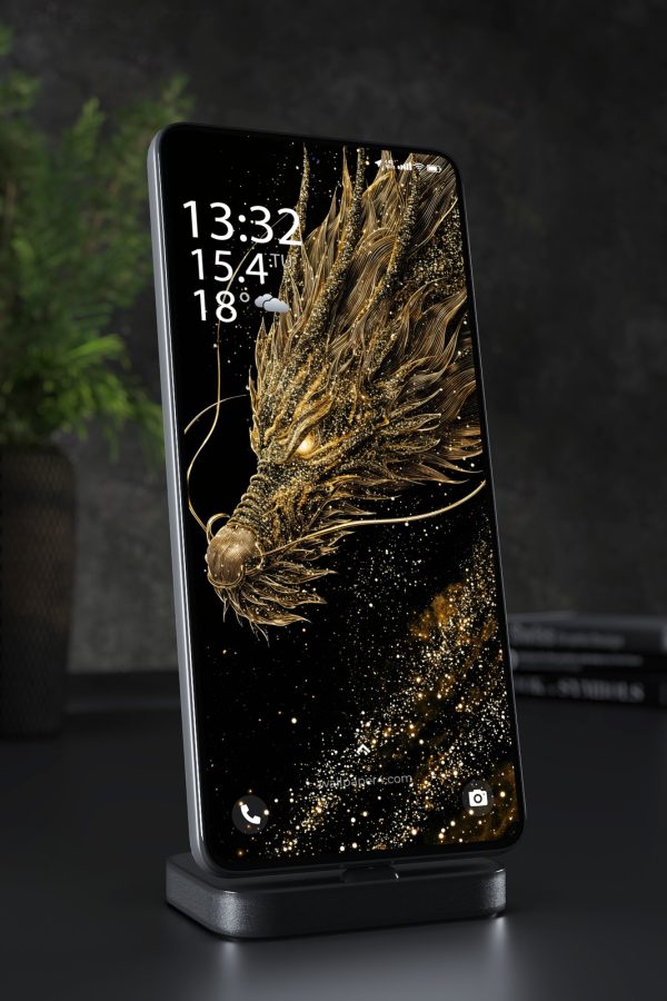 Phone Wallpaper 5898 - Golden Celestial Dragon on a Black Background