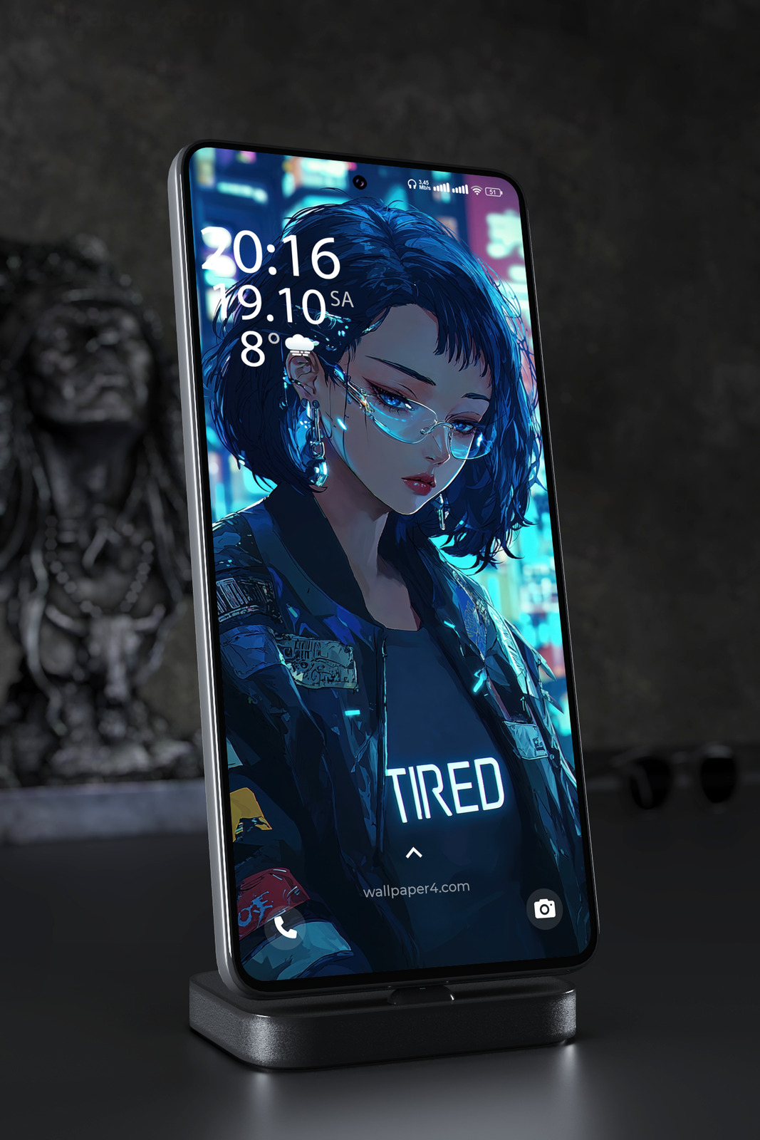 Phone Wallpaper 5906 - Neon Cyberpunk Girl in Glasses at Night