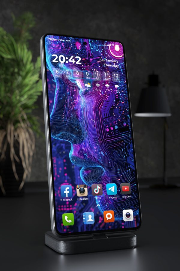 Phone Wallpaper 5910 - Neon Cybernetic Woman with Circuit Board Skin