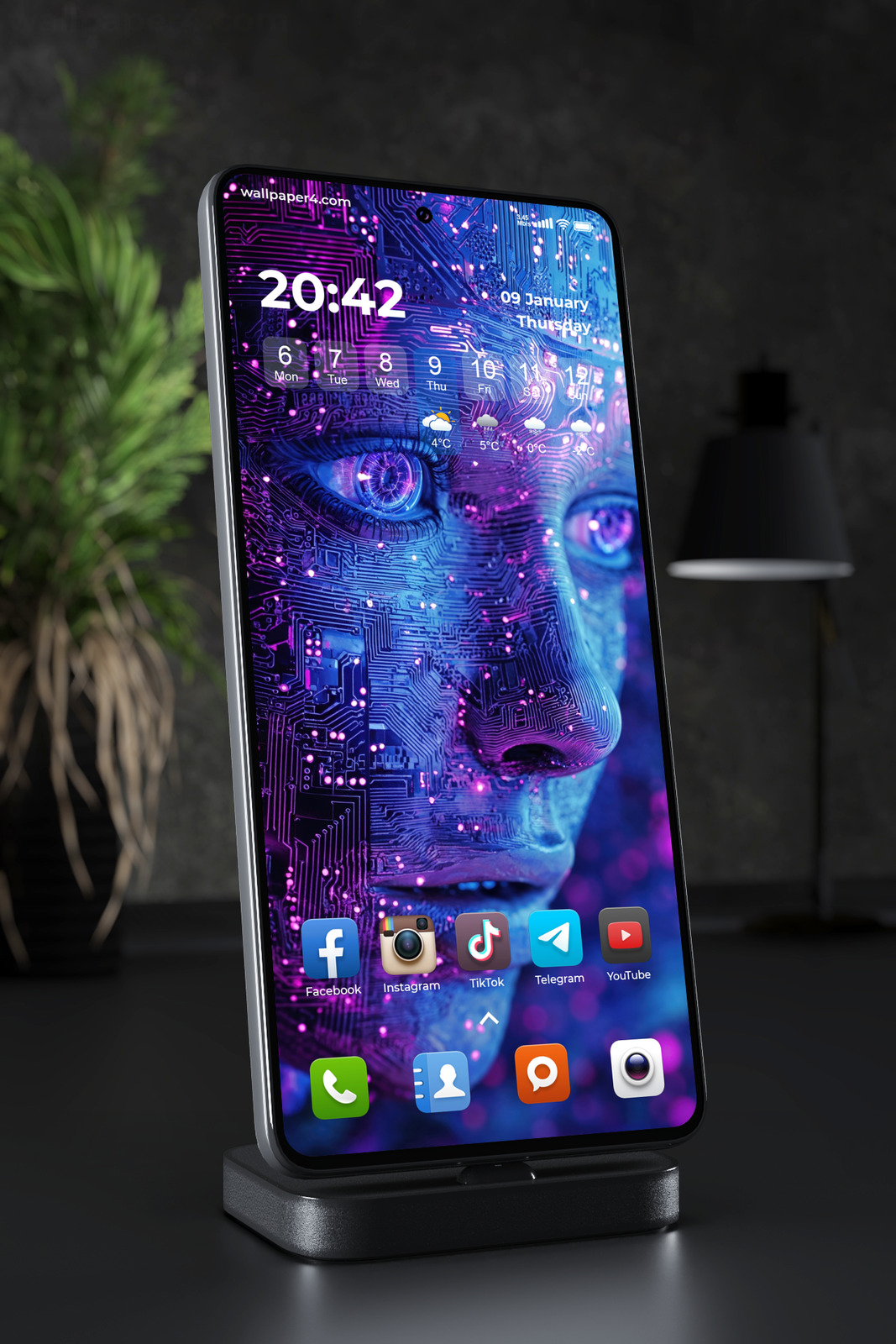 Mobile Wallpaper 5910 - Neon Cybernetic Woman with Circuit Board Skin