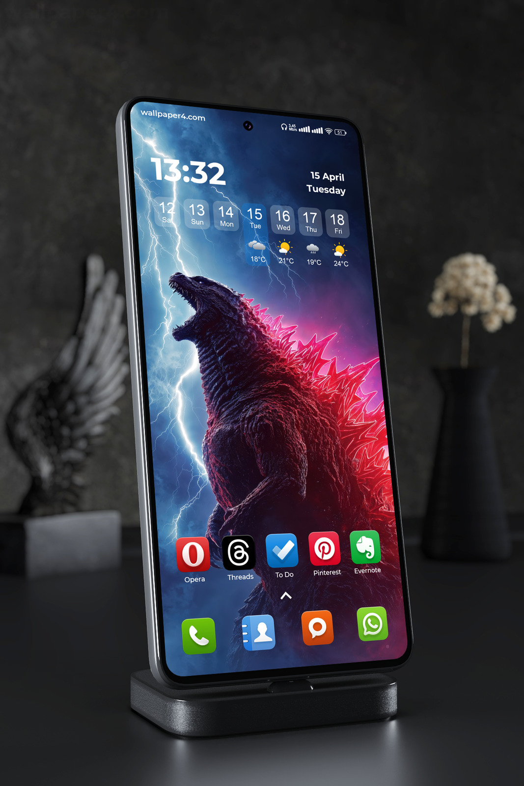 Phone Wallpaper 5925 - Godzilla Roaring Beneath Neon Lightning Storm