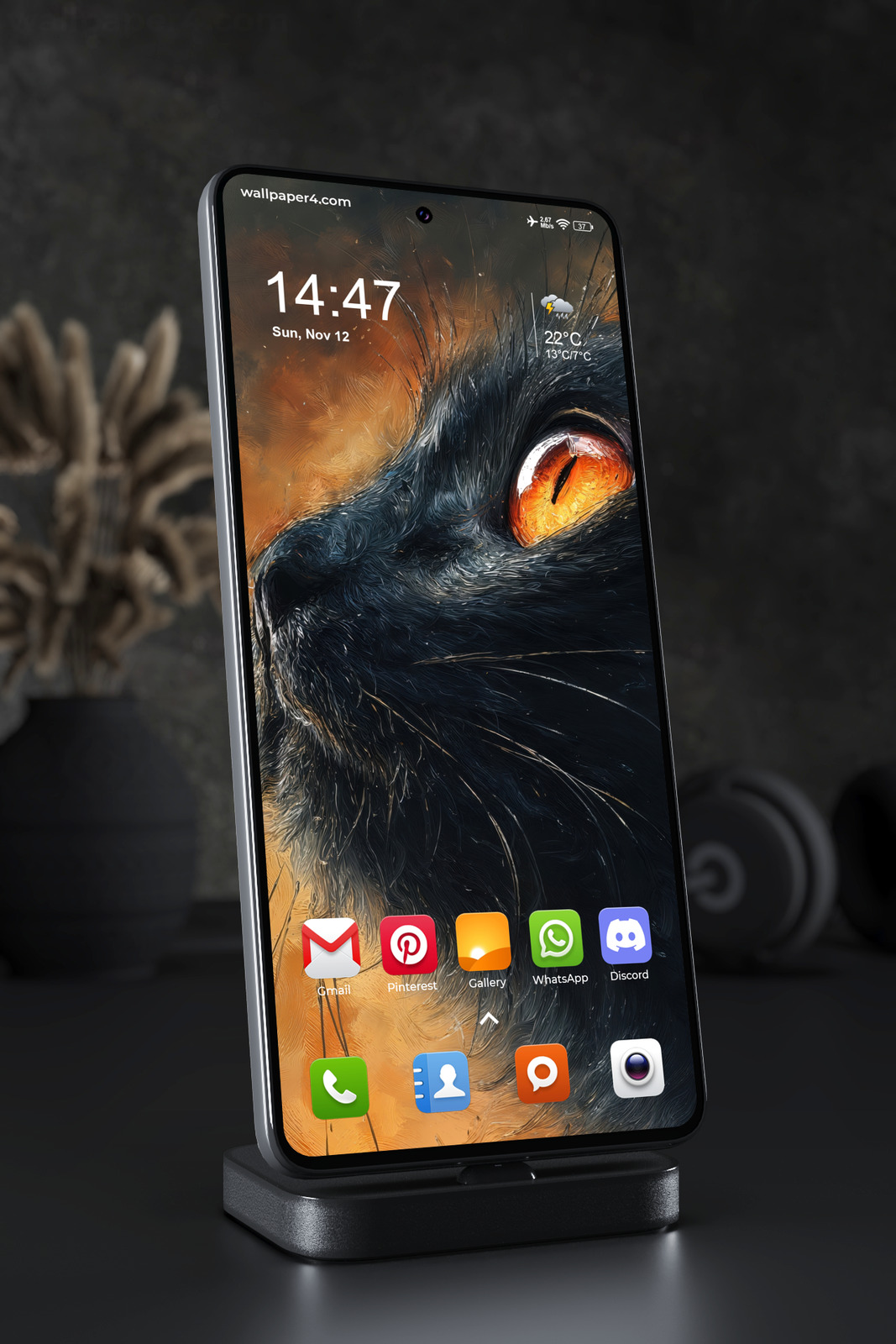 Phone Wallpaper 5930 - Black Cat with Fiery Amber Eye Portrait