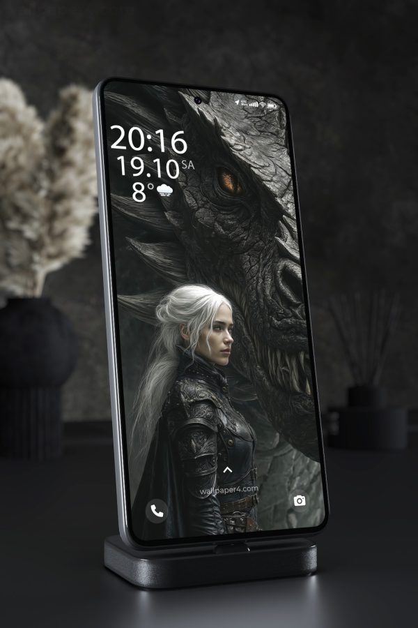 Mobile Wallpaper 5933 - Silver-Haired Warrior and Shadow Dragon