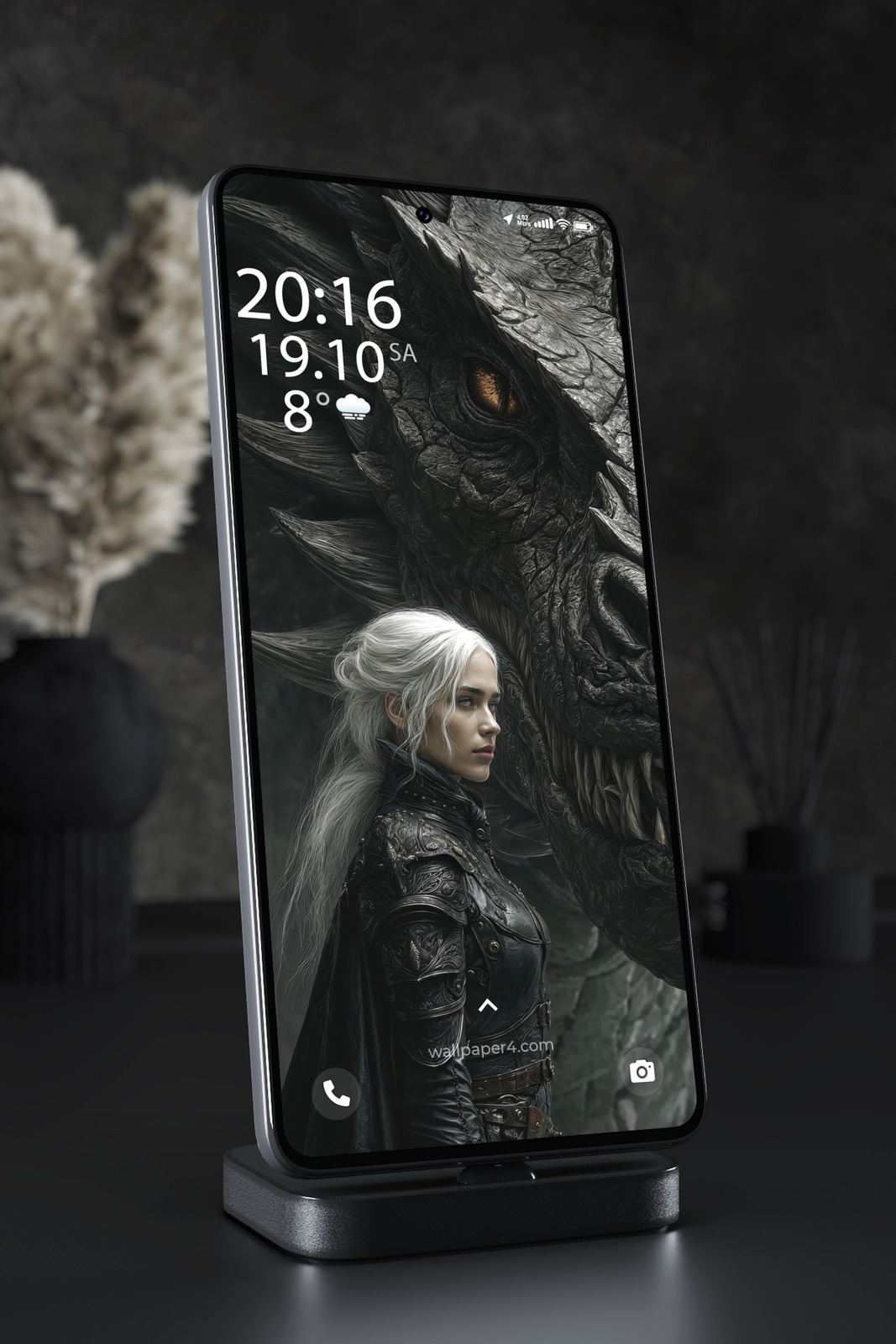 Mobile Wallpaper 5933 - Silver-Haired Warrior and Shadow Dragon