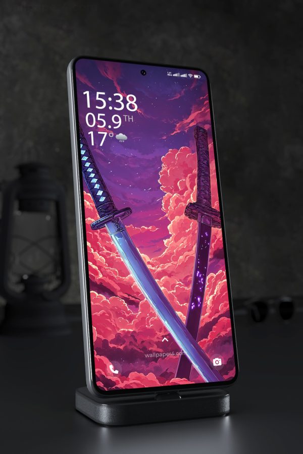 Phone Wallpaper 5951 - Crossed Katana Swords Beneath a Neon Sky
