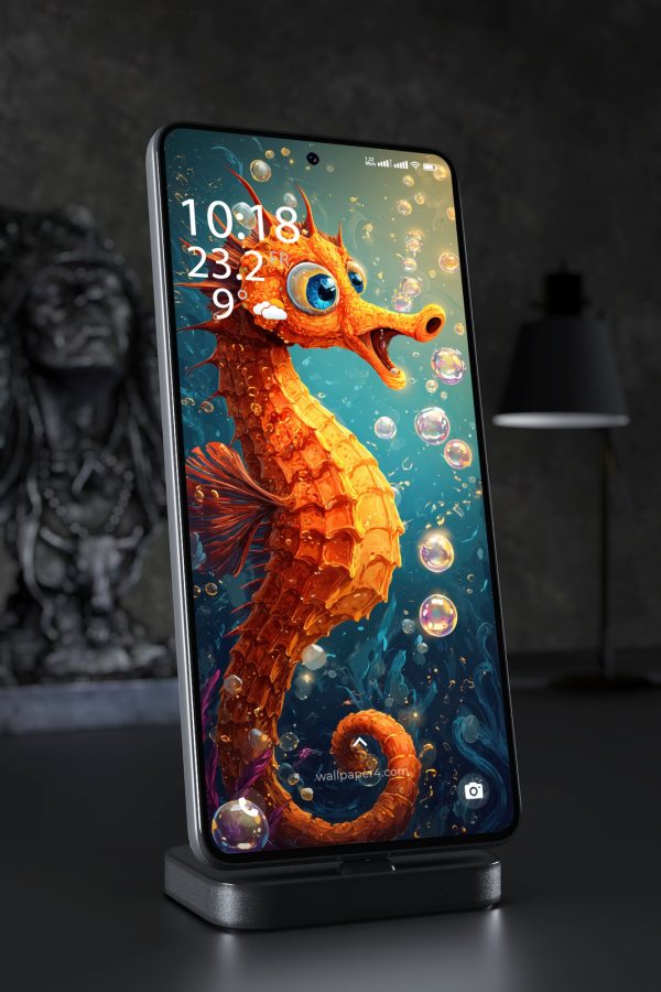 Phone Wallpaper 5955 - Fiery Orange Seahorse in a Magical Ocean