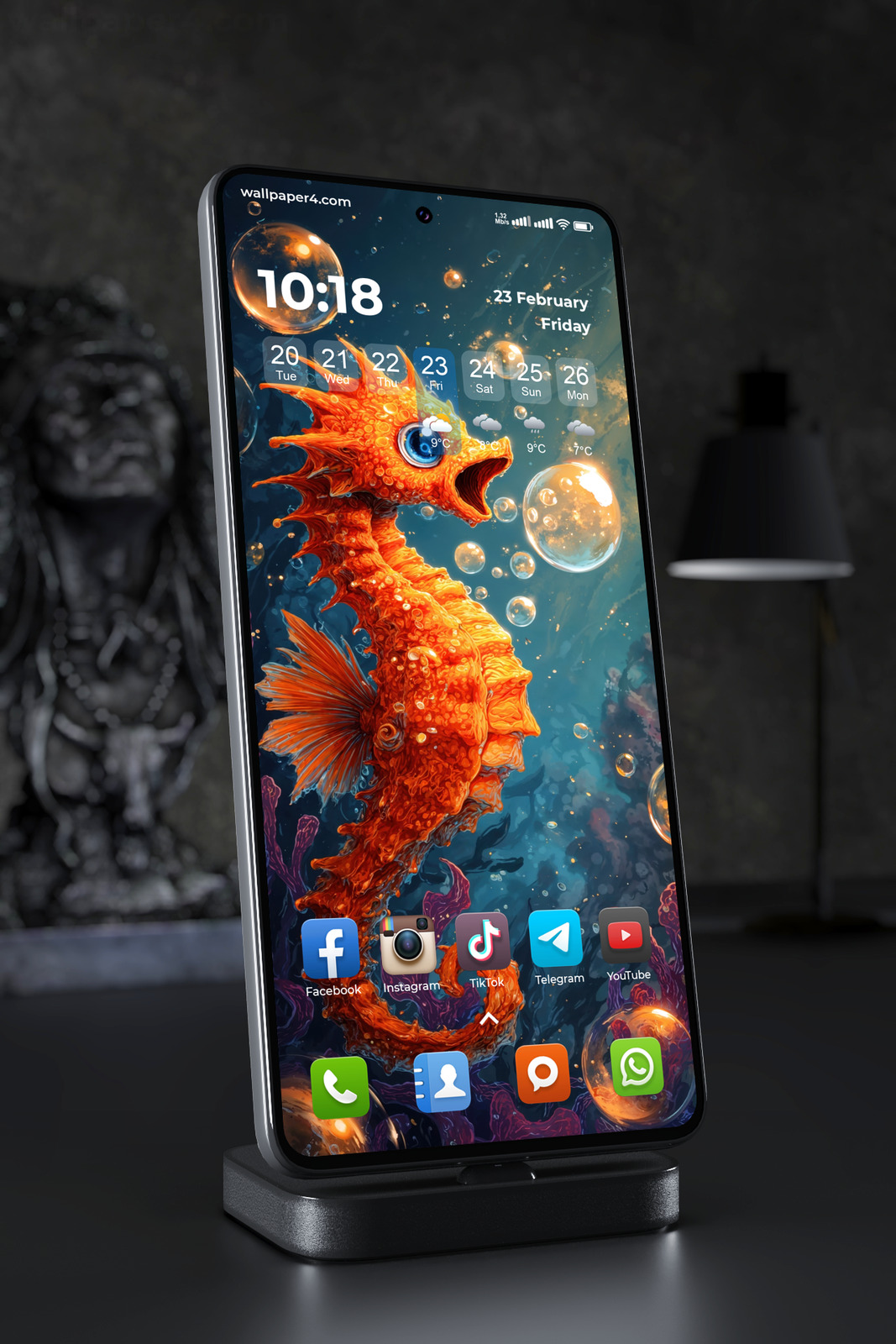 Mobile Wallpaper 5955 - Fiery Orange Seahorse in a Magical Ocean