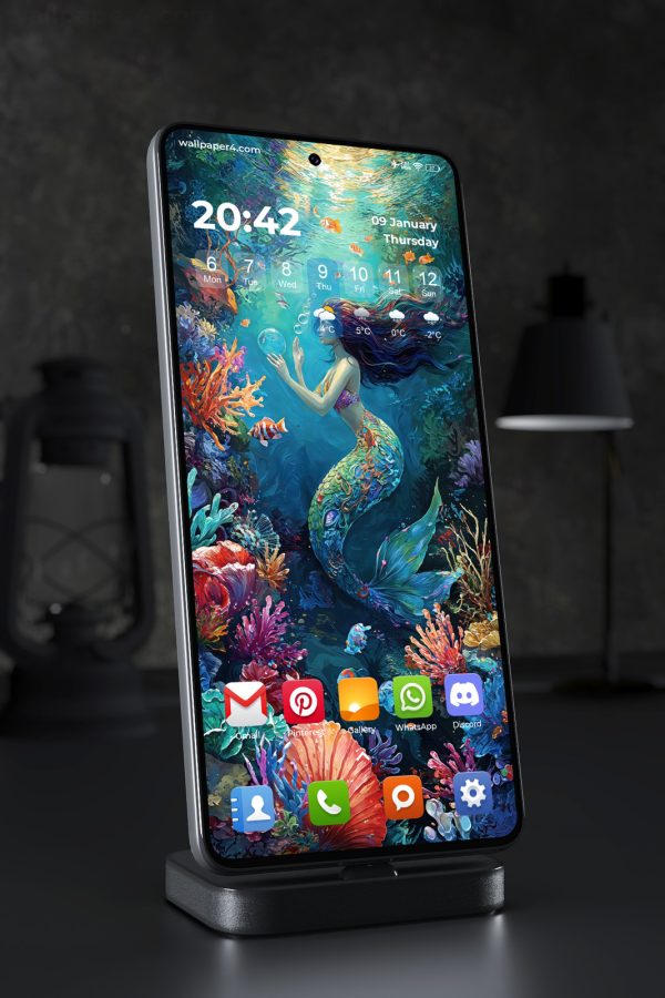 Phone Wallpaper 6004 - Colorful Mermaid in an Enchanted Ocean Garden