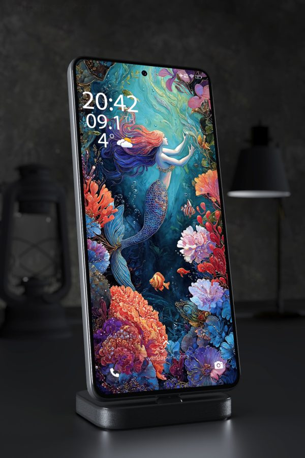 Mobile Wallpaper 6004 - Colorful Mermaid in an Enchanted Ocean Garden