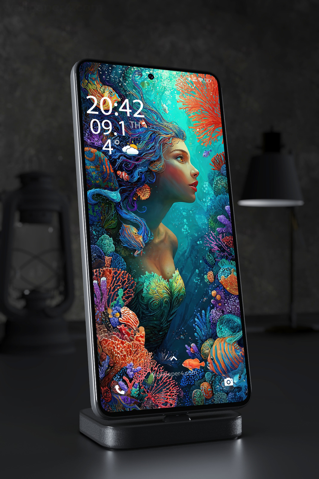 Mobile Wallpaper 6004 - Colorful Mermaid in an Enchanted Ocean Garden