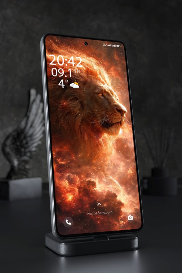 Phone Wallpaper 6023 - Fiery Cosmic Lion in a Burning Galaxy