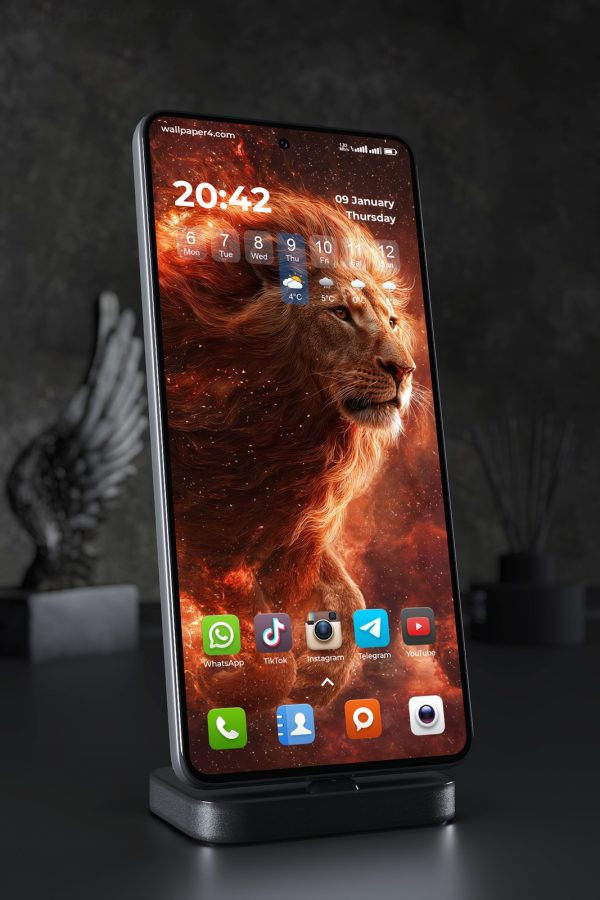 Mobile Wallpaper 6023 - Fiery Cosmic Lion in a Burning Galaxy