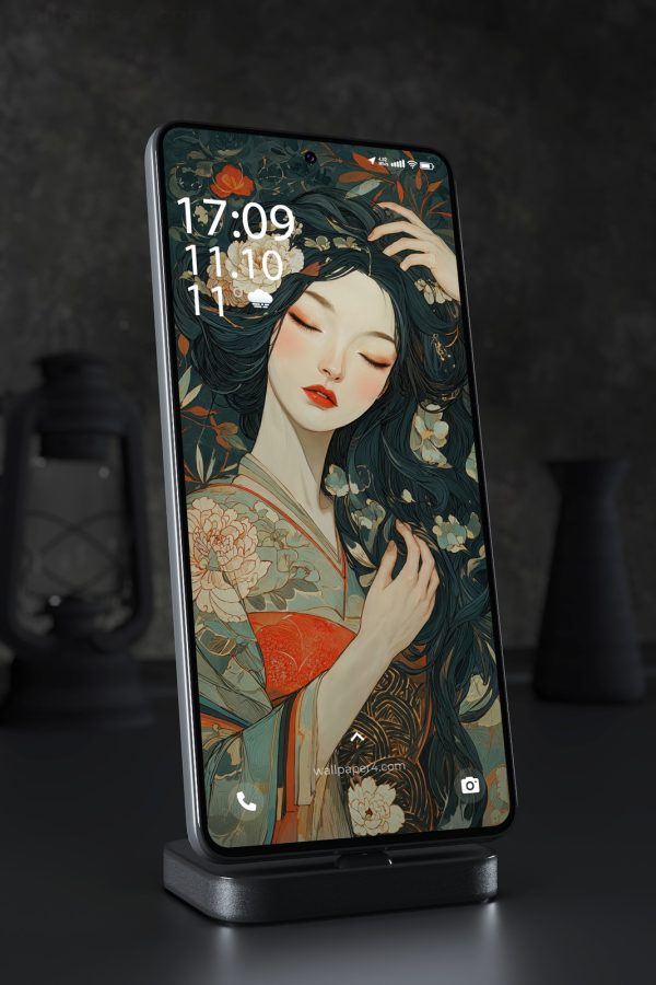 Phone Wallpaper 6052 - Elegant Floral Muse in Traditional Asian Style