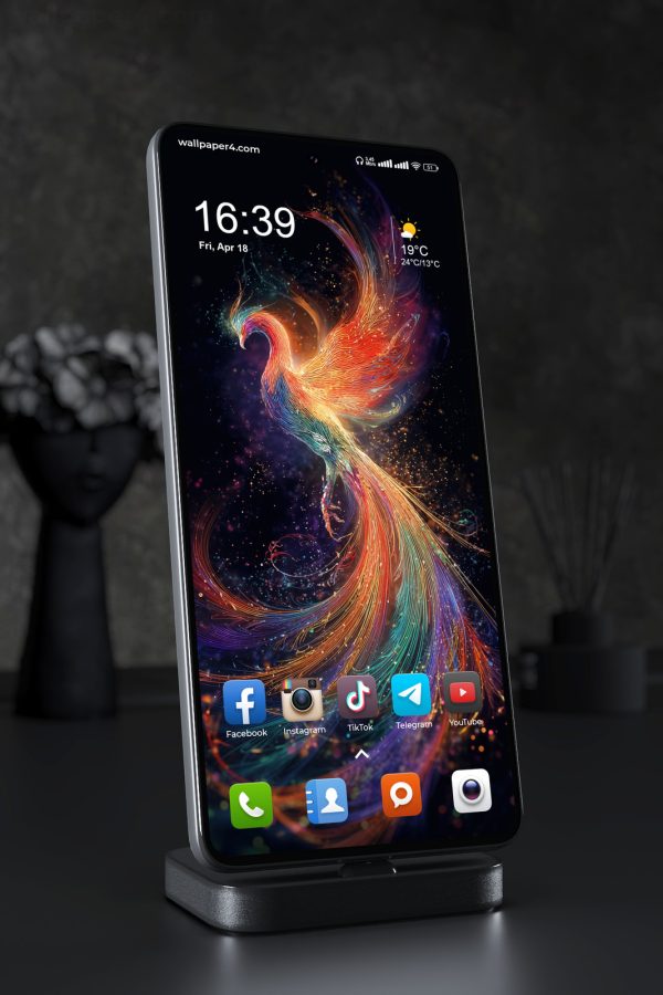 Phone Wallpaper 6065 - Neon Phoenix Rising in a Cosmic Night