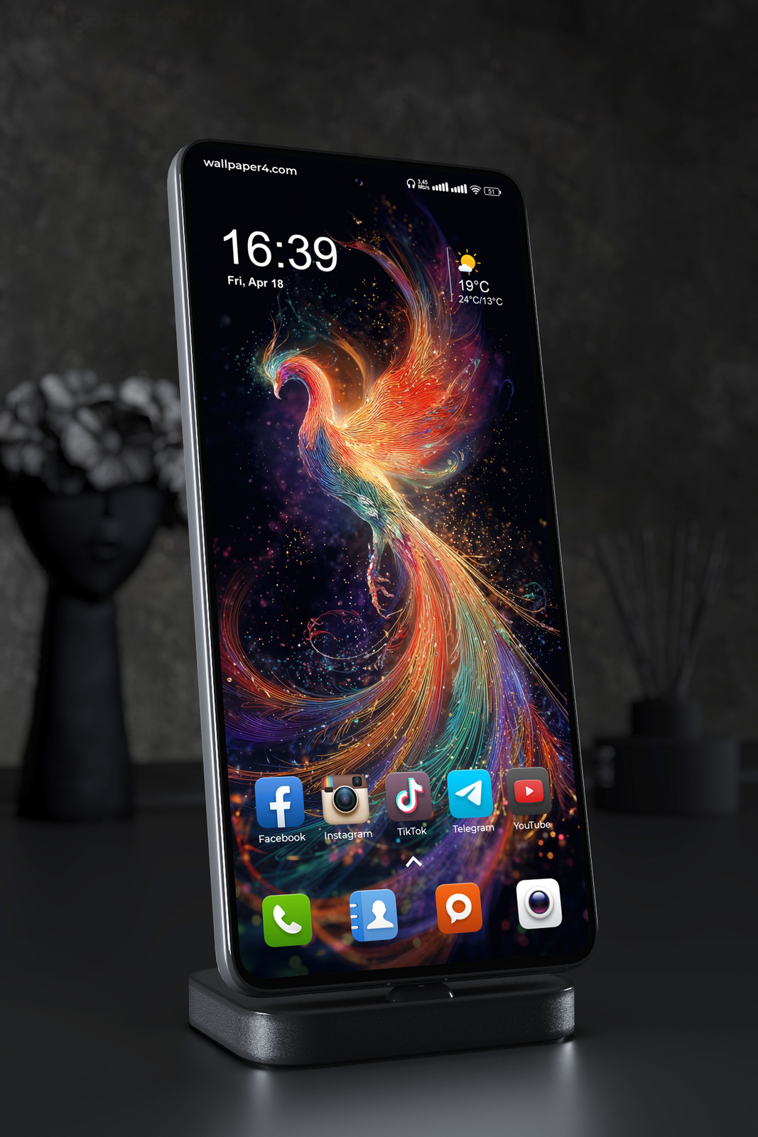 Phone Wallpaper 6065 - Neon Phoenix Rising in a Cosmic Night