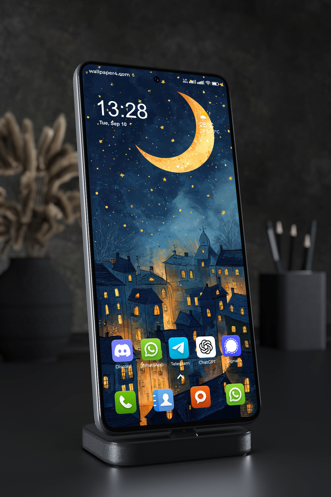 Phone Wallpaper 6074 - Golden Crescent Moon Over a Sleeping Blue Town