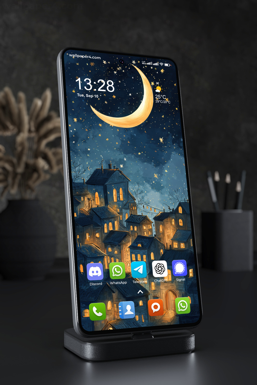 Mobile Wallpaper 6074 - Golden Crescent Moon Over a Sleeping Blue Town