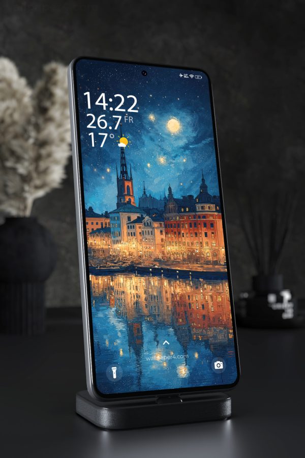 Phone Wallpaper 6079 - Starlit European Waterfront City at Night