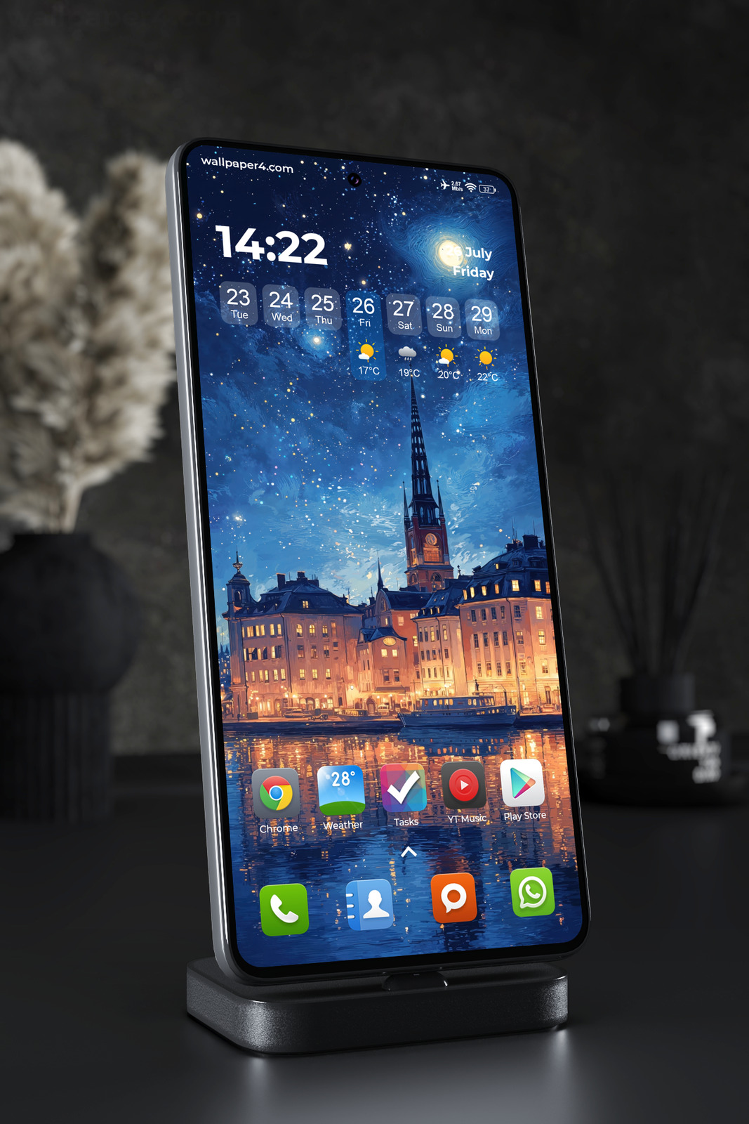 Mobile Wallpaper 6079 - Starlit European Waterfront City at Night