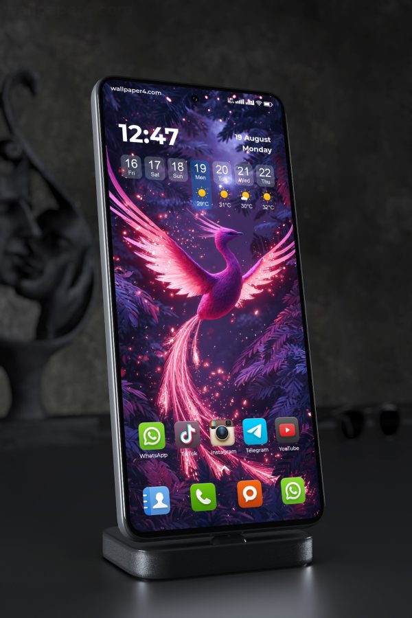 Phone Wallpaper 6088 - Glowing Pink Phoenix in a Mystical Night Forest
